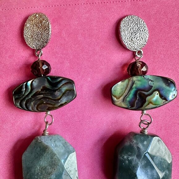 Sterling Silver Abalone  smoky quartz & Moss Agate Dangle Earrings - Picture 7 of 9